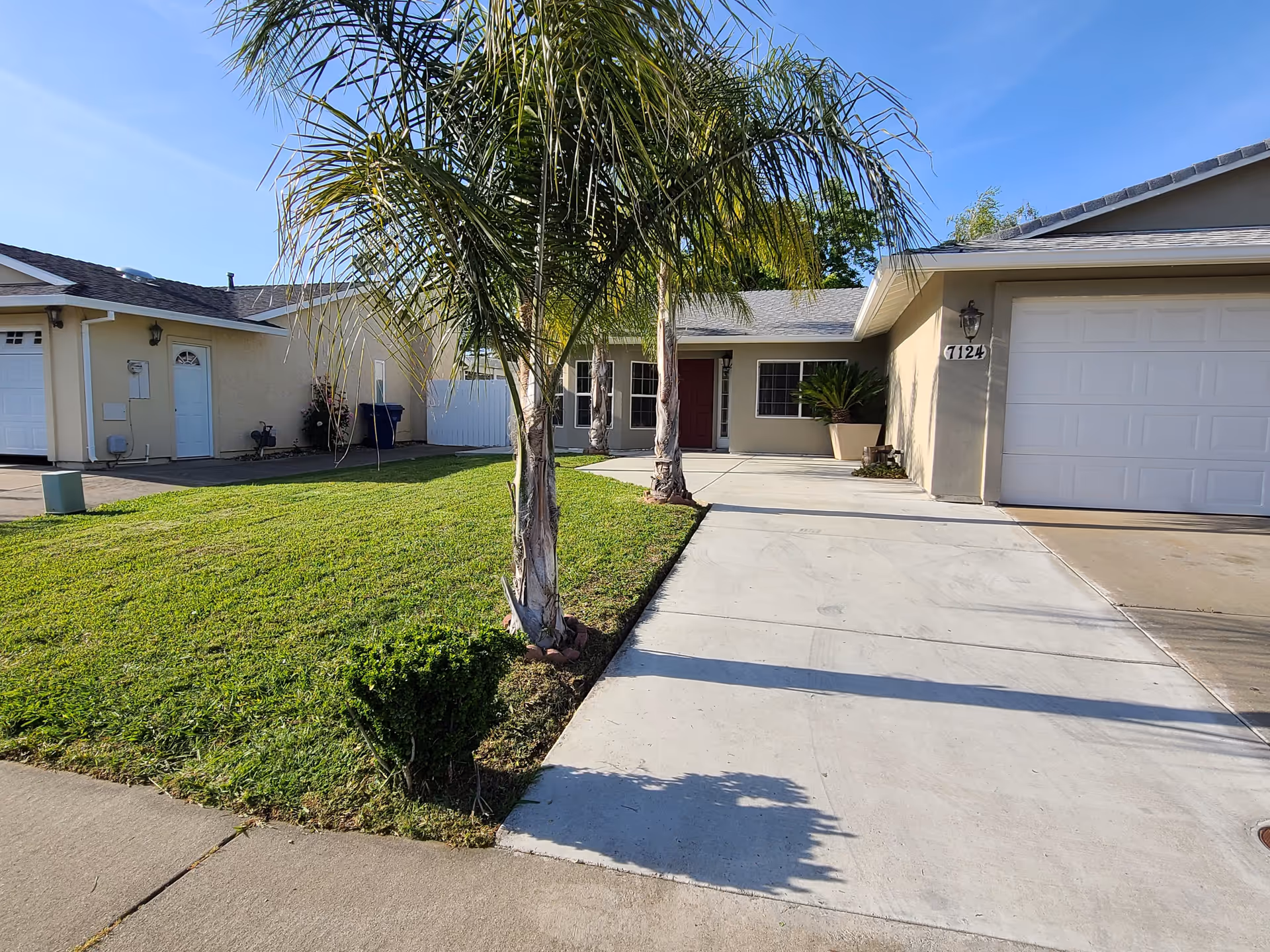 Front exterior view of a single-story residential building with a driveway, two palm trees, a green lawn, and a red front door under a clear blue sky.