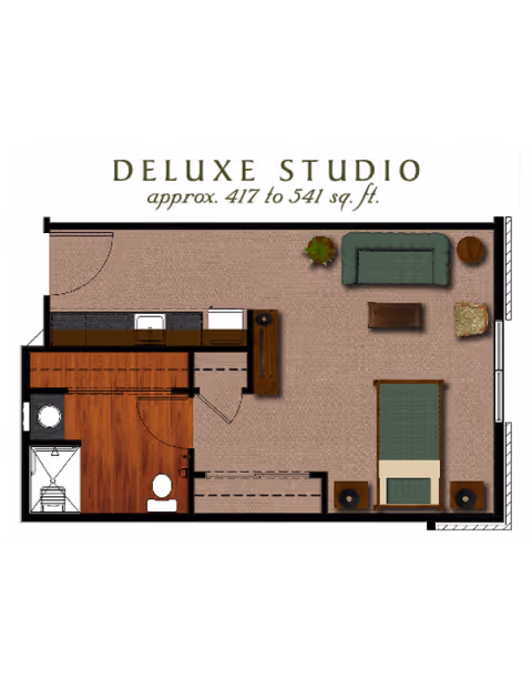 Floor plan of a deluxe studio apartment approximately 417 to 541 square feet, featuring a combined living and sleeping area with a bed, sofa, coffee table, side tables, and a small kitchen area with a sink and appliances. There is a separate bathroom with a toilet and shower.