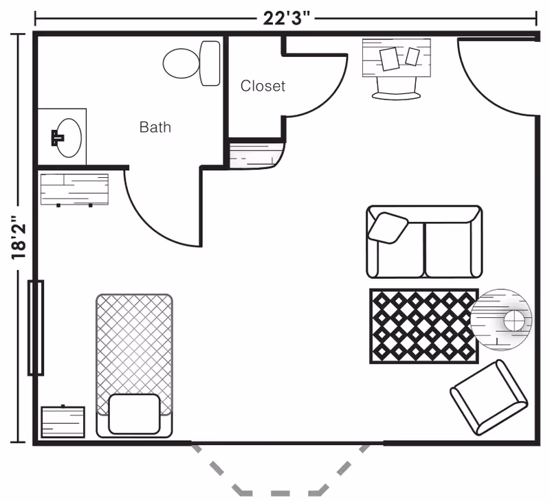 Black-and-white floor plan of a studio apartment showing a combined living and sleeping area with a bed, sofa, chair, rug, bathroom, closet, furniture and labeled dimensions.