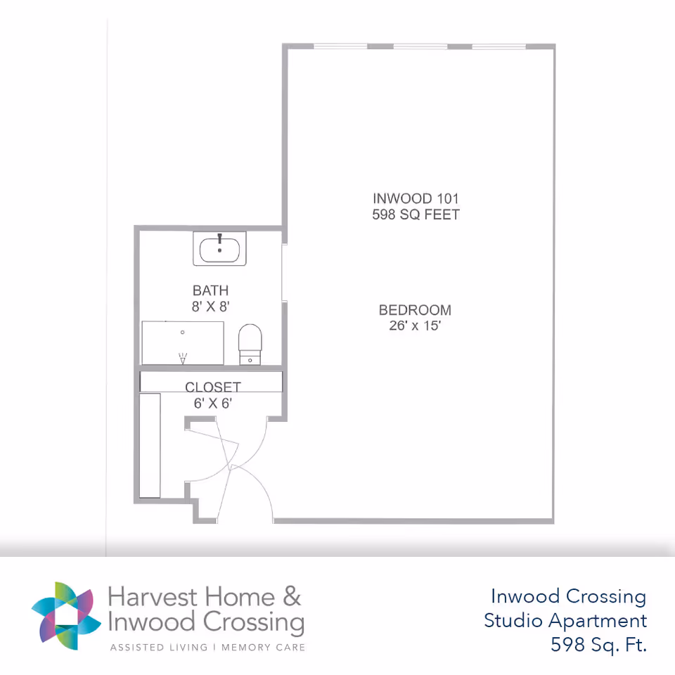 Black-and-white floor plan of a 598 sq ft studio apartment labeled Inwood 101 showing a 26' x 15' bedroom, 8' x 8' bath and 6' x 6' closet with branding at the bottom.