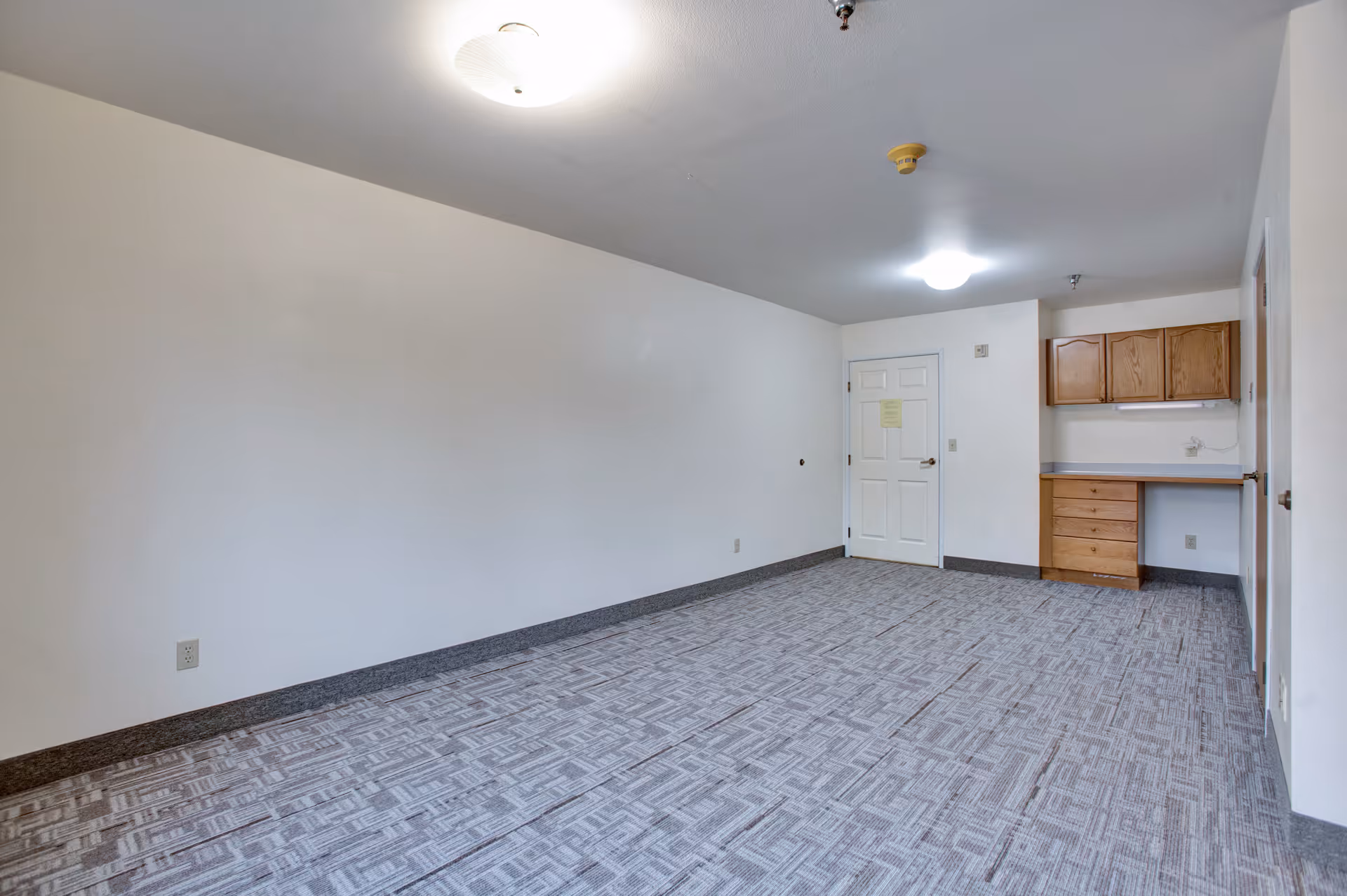 Empty carpeted interior room with a door, ceiling lights, and built-in wooden cabinets and desk.
