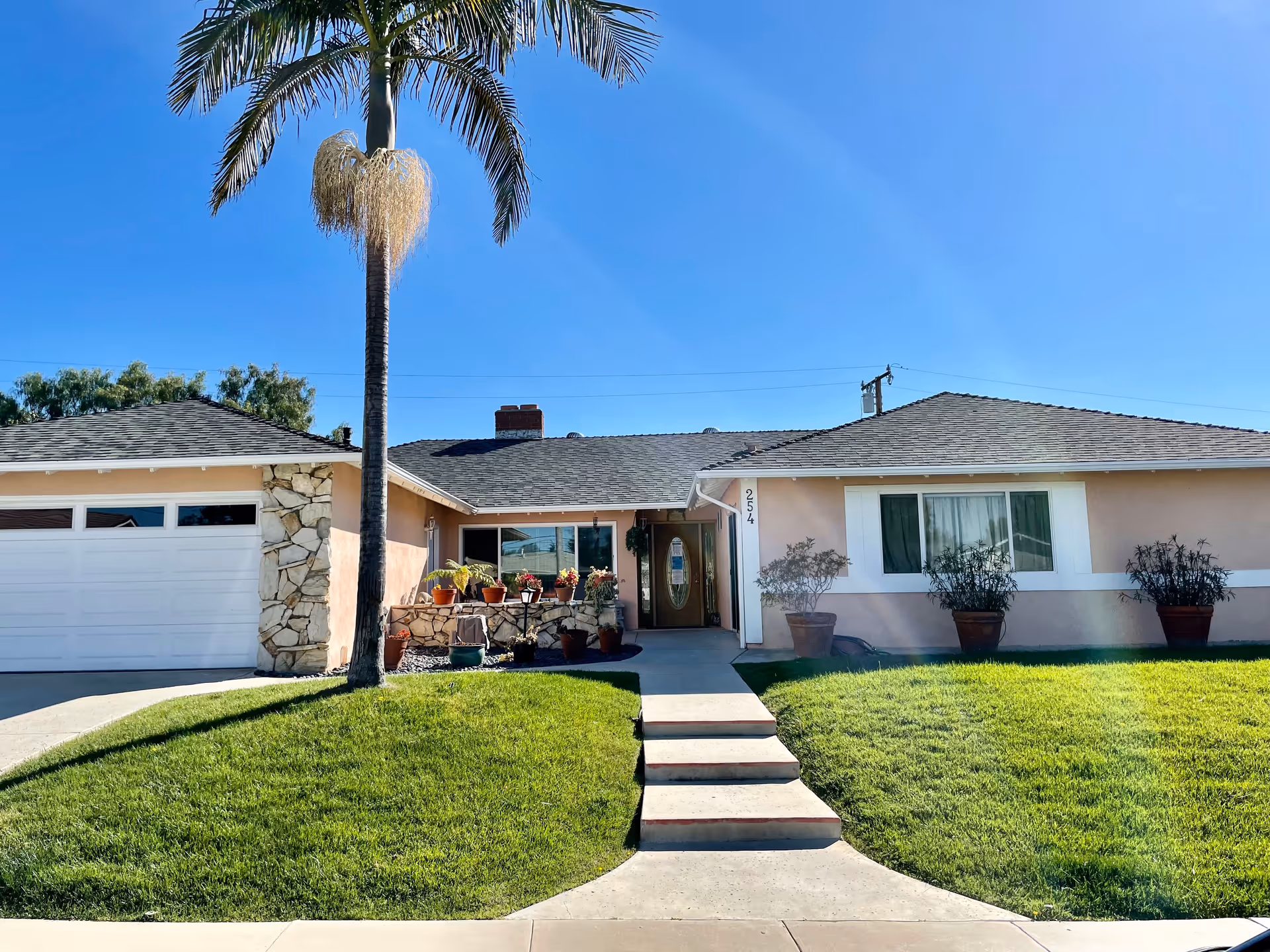 Single-story ranch-style house front with a palm tree, concrete steps to the entrance, attached garage, and a green lawn.