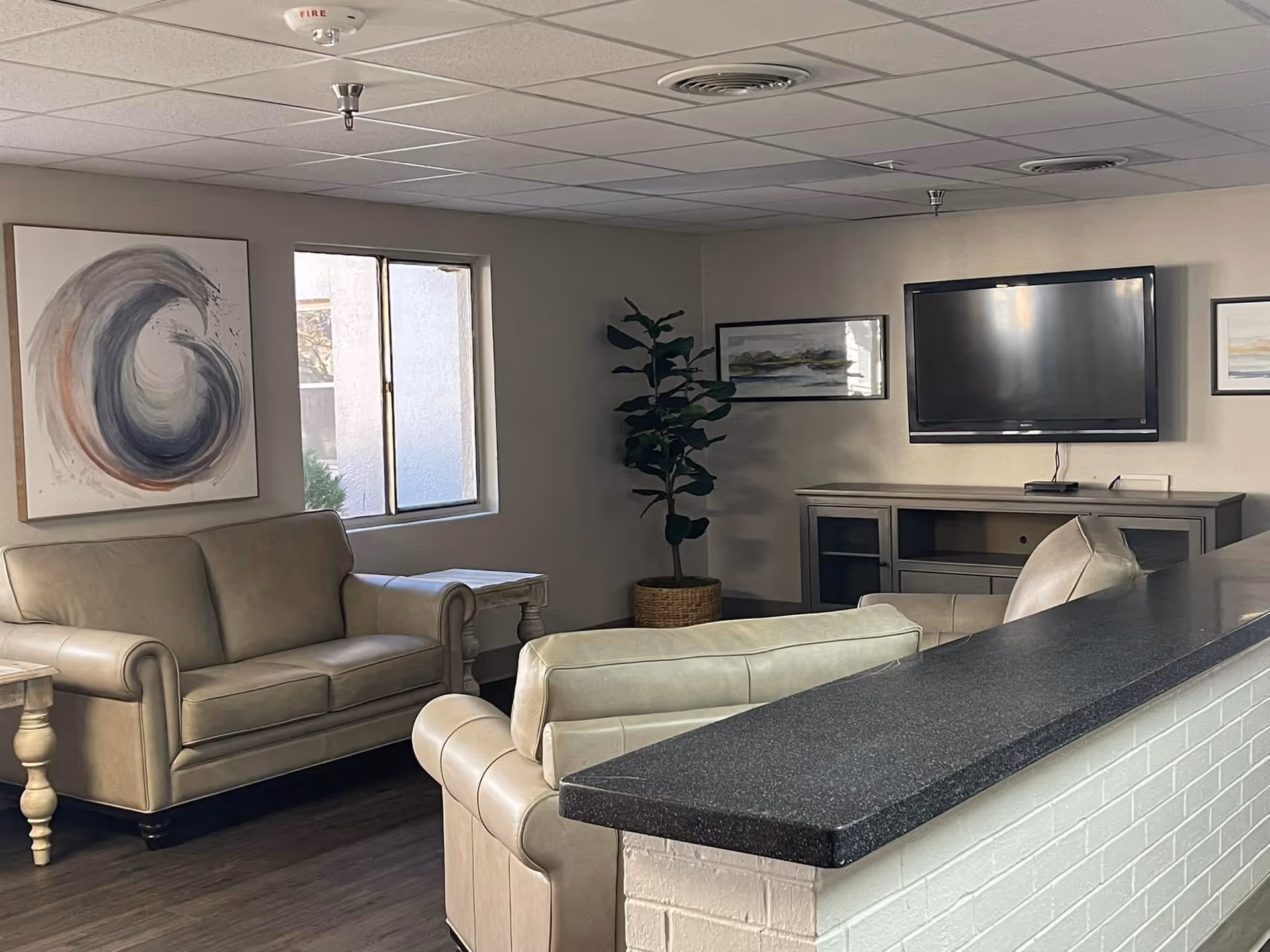 Comfortable common-area lounge with beige sofas, a wall-mounted TV, artwork, and a potted plant.