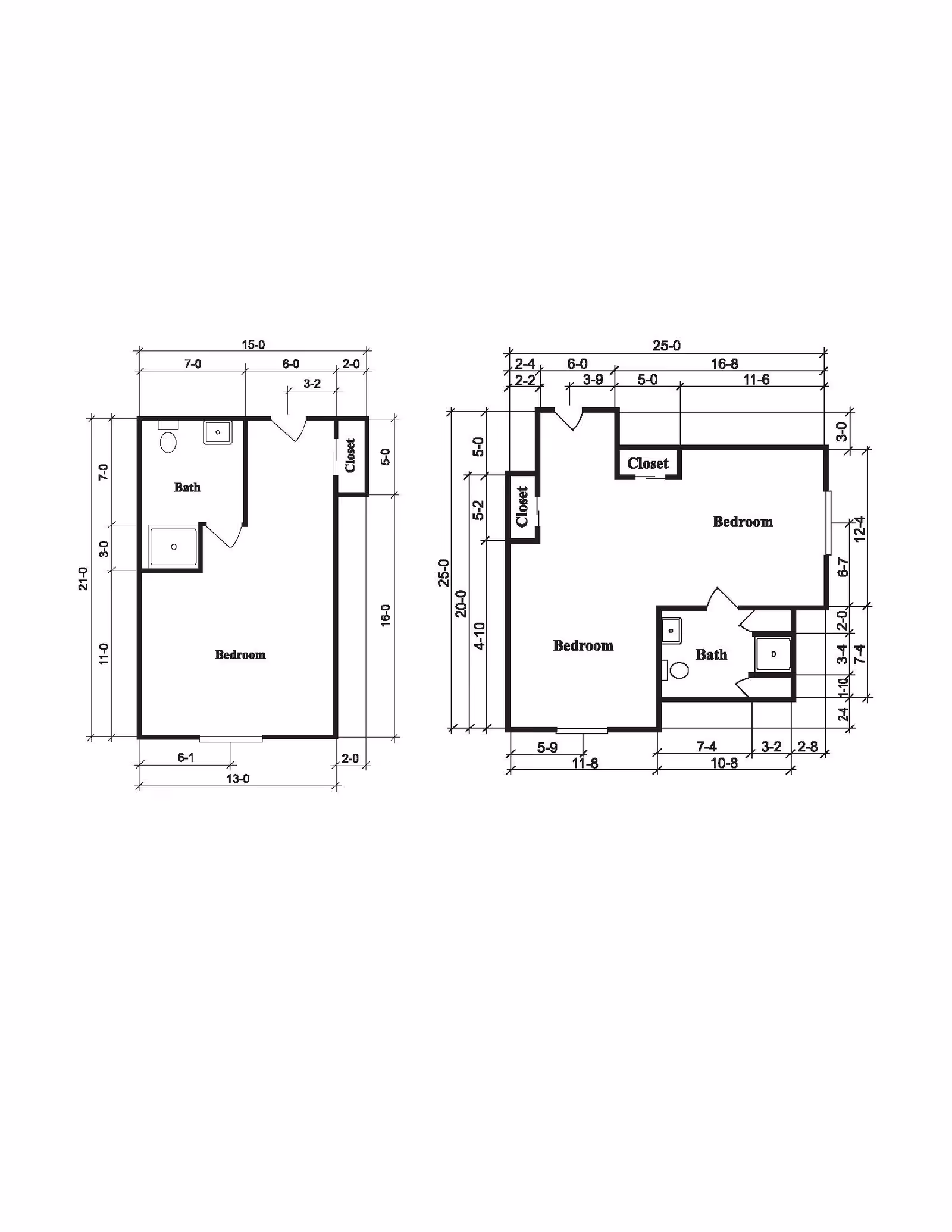 Architectural floor plan showing two layouts. The left layout includes a bedroom, bath, and closet with dimensions marked. The right layout includes two bedrooms, two closets, and a bath with dimensions marked.