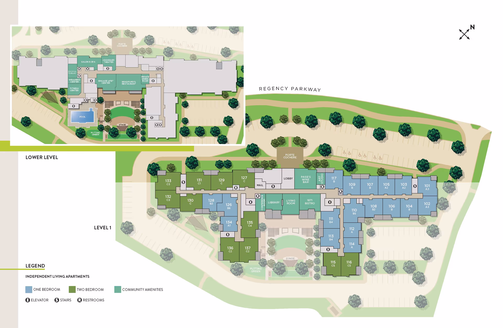 Floor plan map of Atria Cary senior living facility showing two levels with independent living apartments color-coded by one-bedroom (blue) and two-bedroom (green) units, community amenities in teal, including a salon & spa, theater, wellness center, fitness center, restaurant, private dining room, library, living room, bistro, wine bar, art studio, pool, putting green, and stage. The map also shows parking areas, pathways, and a porte cochere entrance along Regency Parkway.