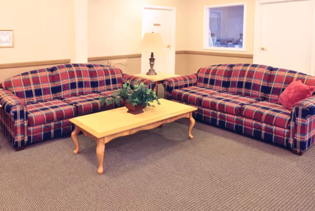 A cozy sitting area with two matching plaid sofas facing each other, a wooden coffee table with a potted plant in the center, a side table with a lamp, beige walls, and carpeted floor.