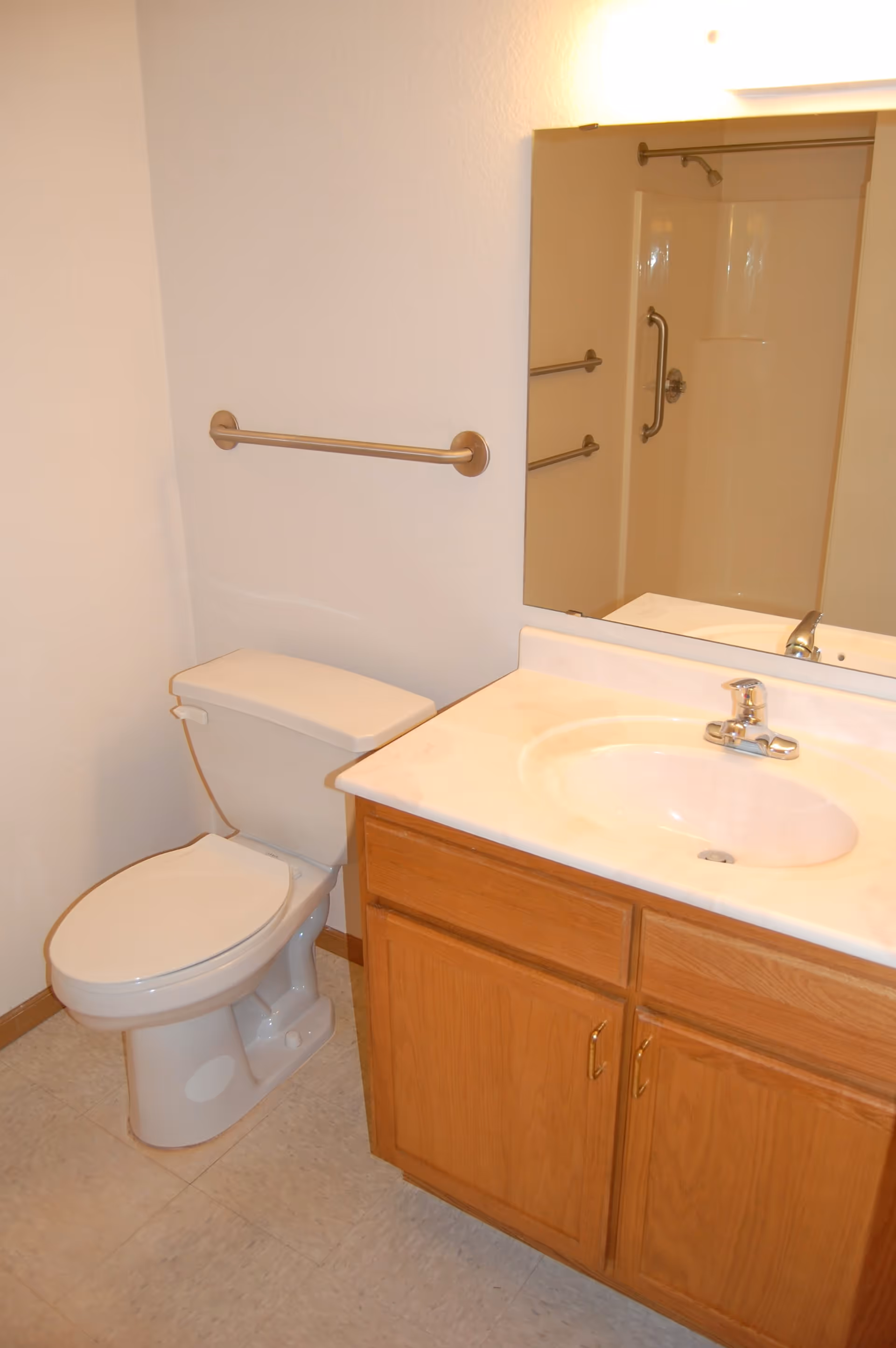 Small bathroom with a toilet beside a wooden vanity and sink, a mirror reflecting a shower and a towel bar on the wall.