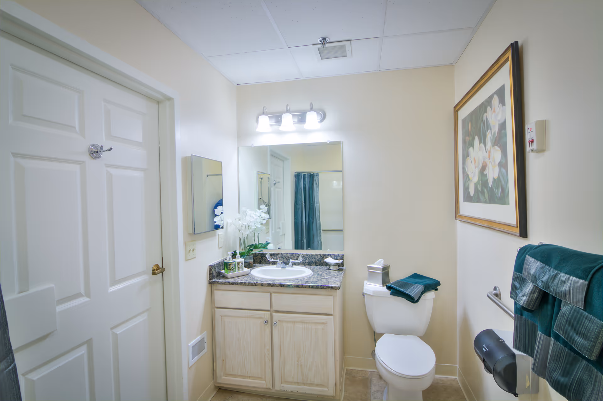 Well-lit bathroom with a sink and granite-topped vanity, mirror, toilet, and teal towels.