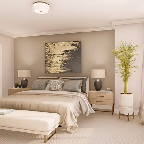 A modern bedroom with a large bed featuring beige and gray bedding, two matching bedside tables with lamps, a large abstract painting above the bed, a white bench at the foot of the bed, and a tall potted plant near the window with sheer curtains.