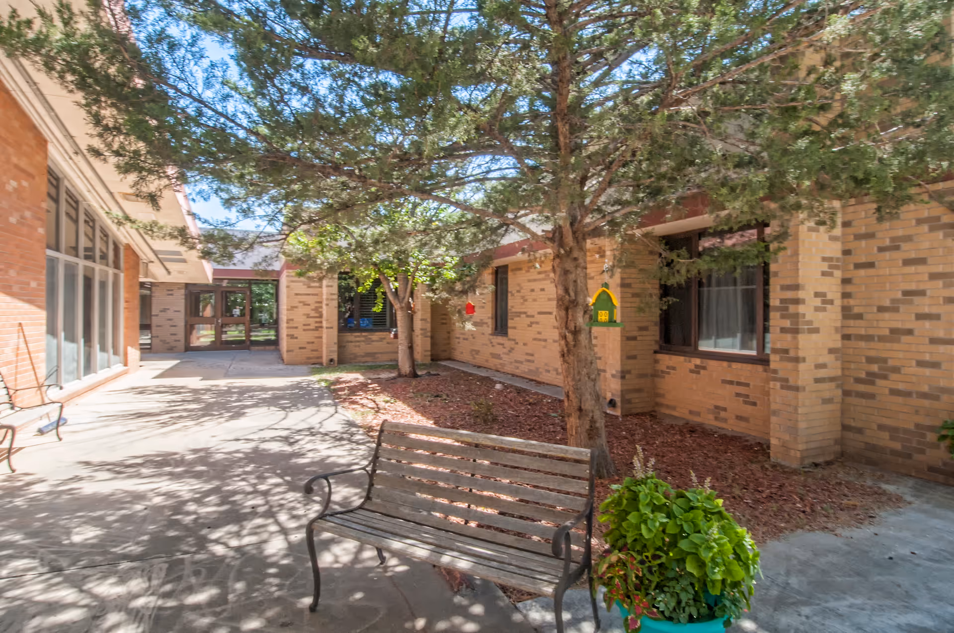 Outdoor courtyard area of a nursing home with brick walls, a wooden bench, trees providing shade, a potted plant, and birdhouses hanging on the tree trunks.