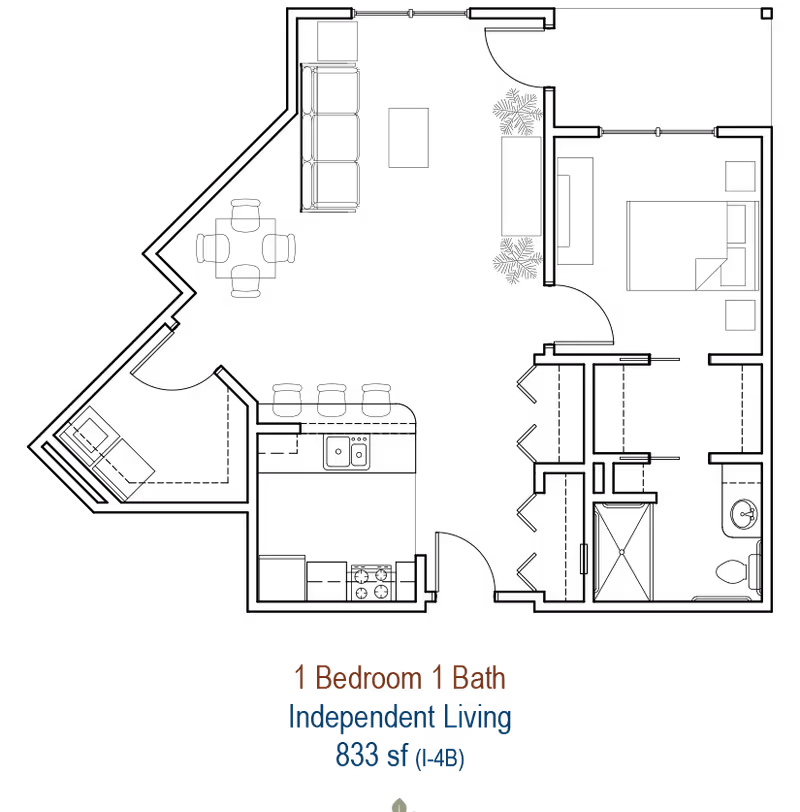 Black graphic with small text at the bottom reading '1 Bedroom 1 Bath Independent Living 833 sf (I-4B)'.