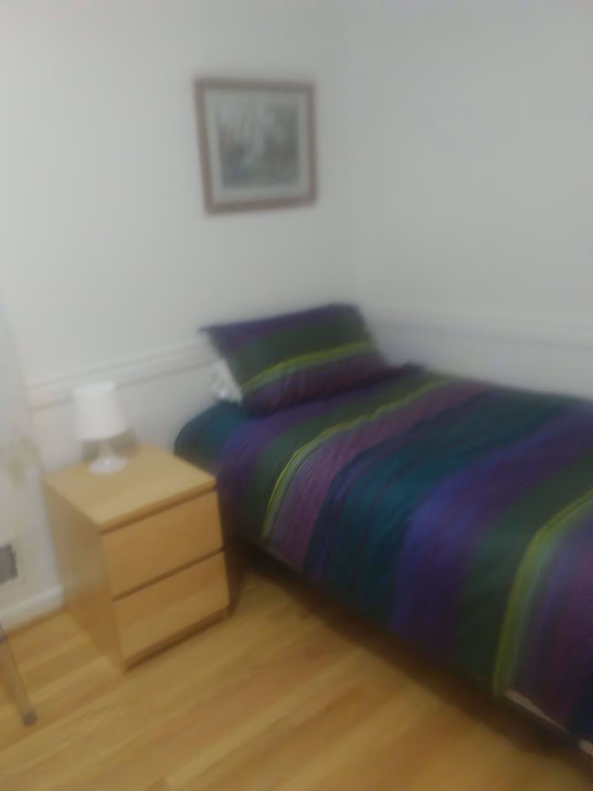 A small bedroom with a single bed covered in a striped blanket with shades of green, purple, and blue. Next to the bed is a wooden nightstand with two drawers and a white lamp on top. A framed picture hangs on the white wall above the bed. The floor is wooden.