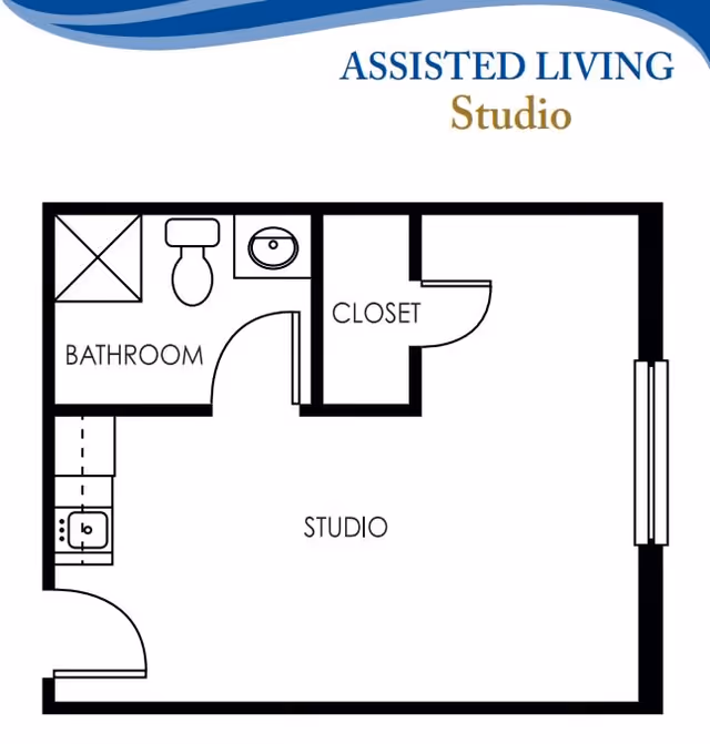 Floor plan of an assisted living studio apartment showing a bathroom with shower, toilet, and sink, a closet, and a main studio living area with a kitchenette.
