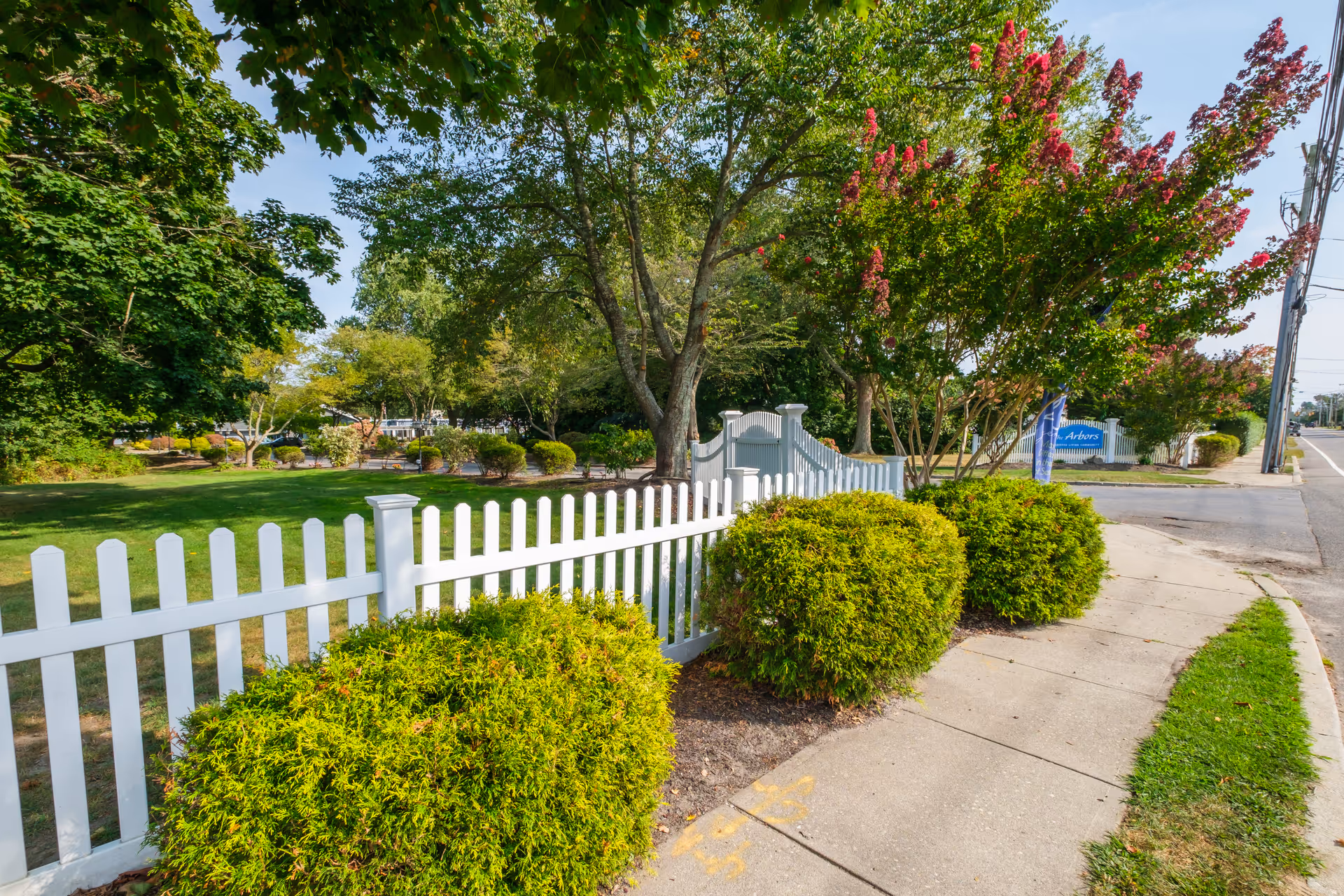 Landscaped entrance with a white picket fence, bushes and trees lining a sidewalk in front of The Arbors.