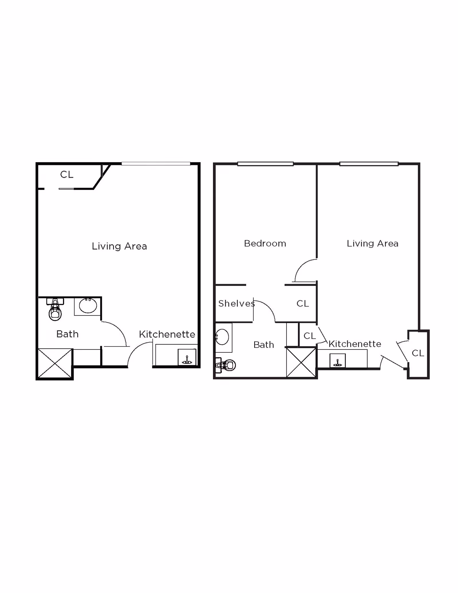 Floor plan layout showing two different apartment configurations. The left layout includes a living area, bath, kitchenette, and closet. The right layout includes a bedroom, living area, bath, kitchenette, shelves, and multiple closets.