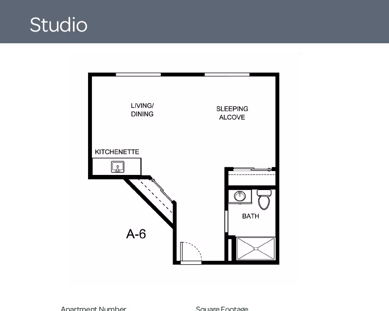 Black-and-white floor plan of a studio apartment labeled A-6 showing a kitchenette, living/dining area, sleeping alcove, and a bath.