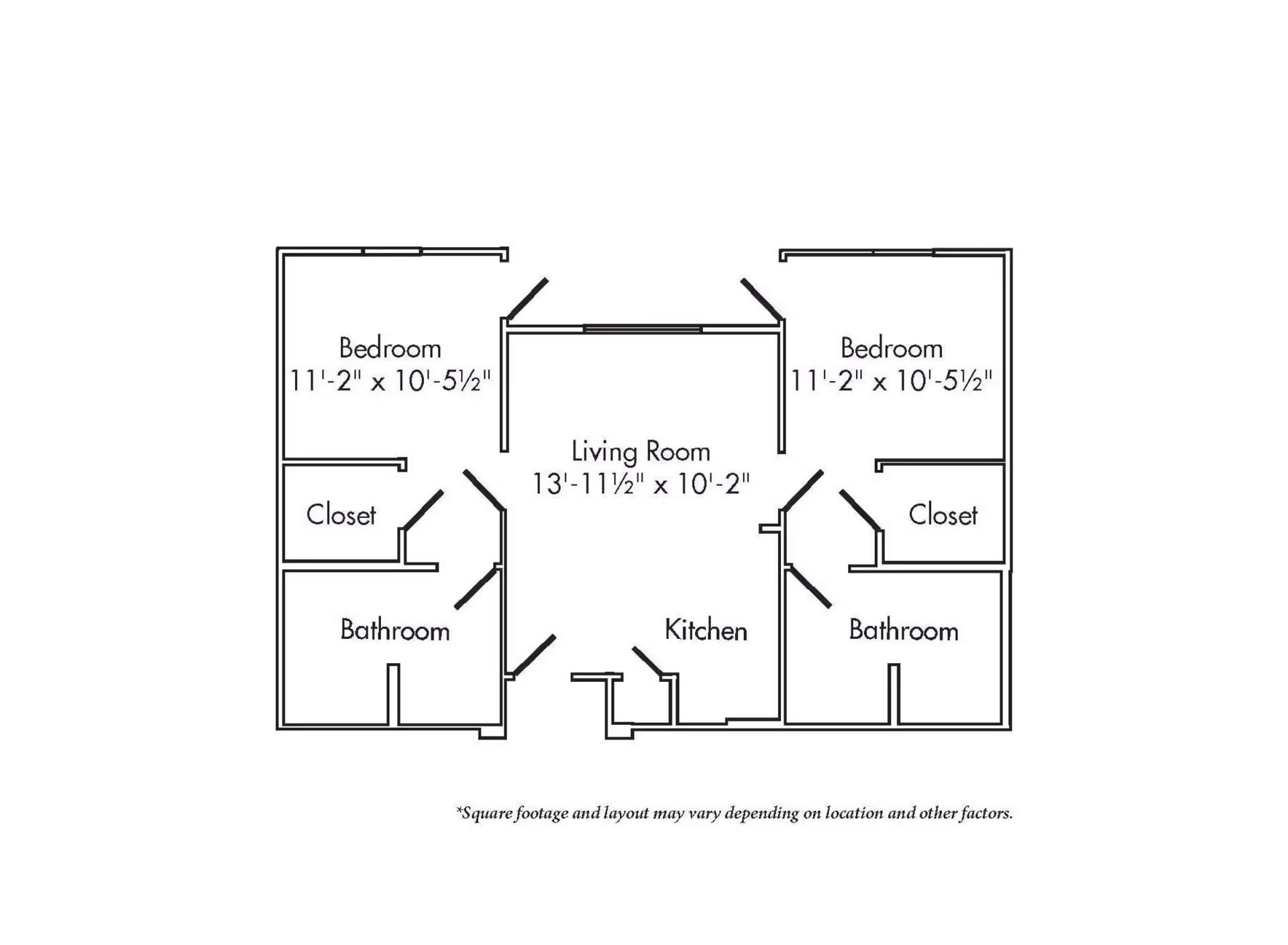 Black-and-white floor plan of a two-bedroom, two-bath apartment showing a central living room and kitchen with room dimensions.