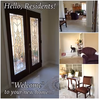 Collage showing an entry with decorative glass double doors and adjacent living-room seating with chairs, tables and plants, overlaid with welcome text.