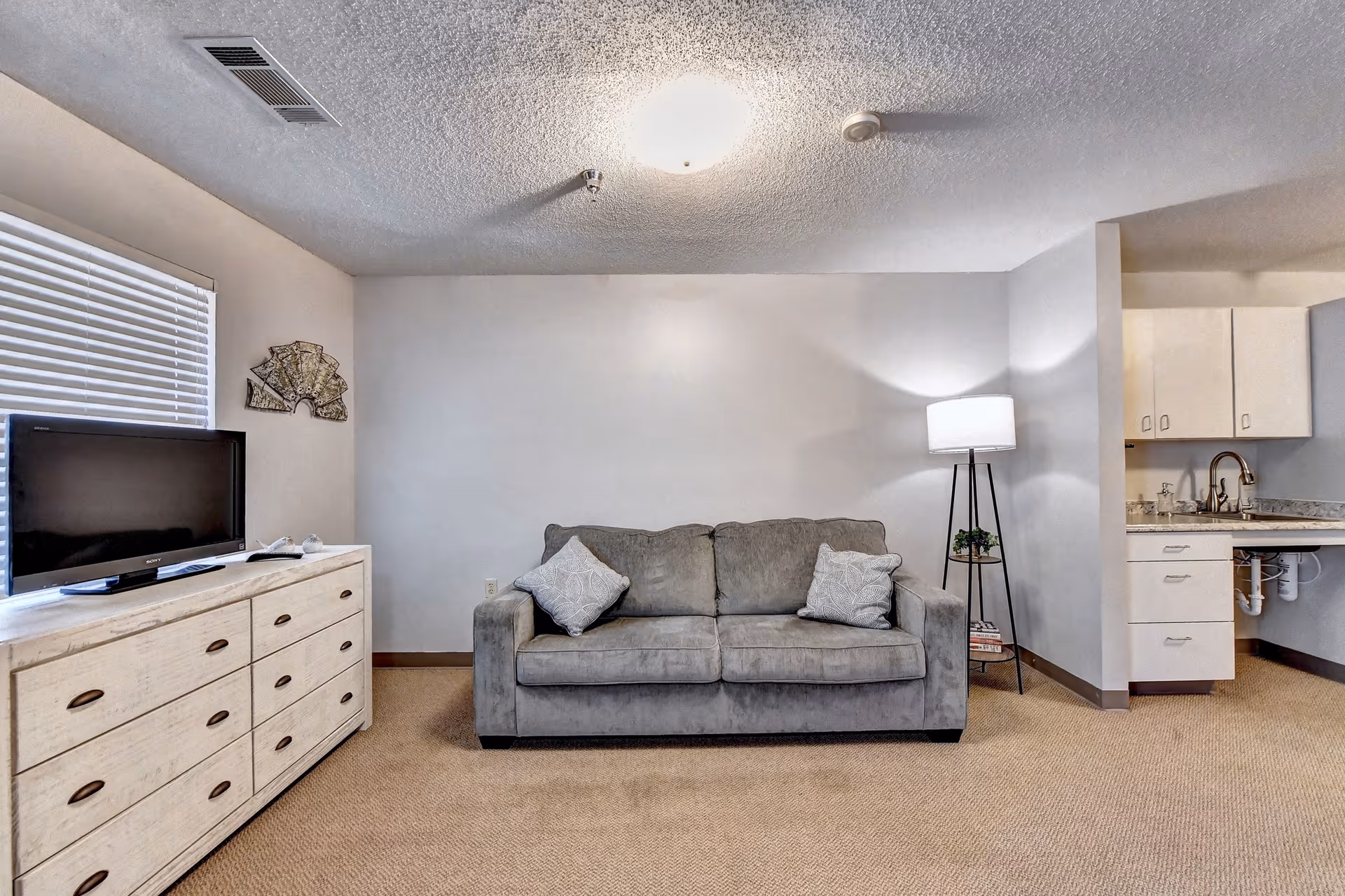 A cozy living room area with a gray couch adorned with two patterned pillows, a white wooden dresser with a flat-screen TV on top, a floor lamp with a white shade, and a small kitchenette with white cabinets and a sink visible in the background.