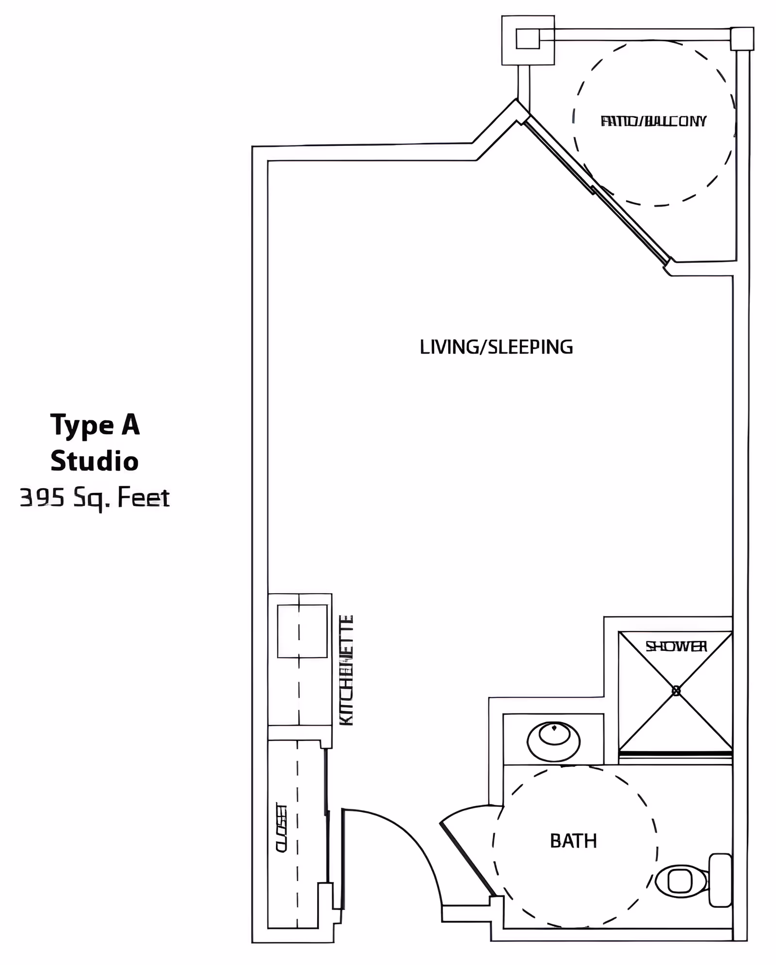 Black-and-white floor plan labeled 'Type A Studio 395 Sq. Feet' showing a living/sleeping area, kitchenette, bathroom with shower, and a patio/balcony.