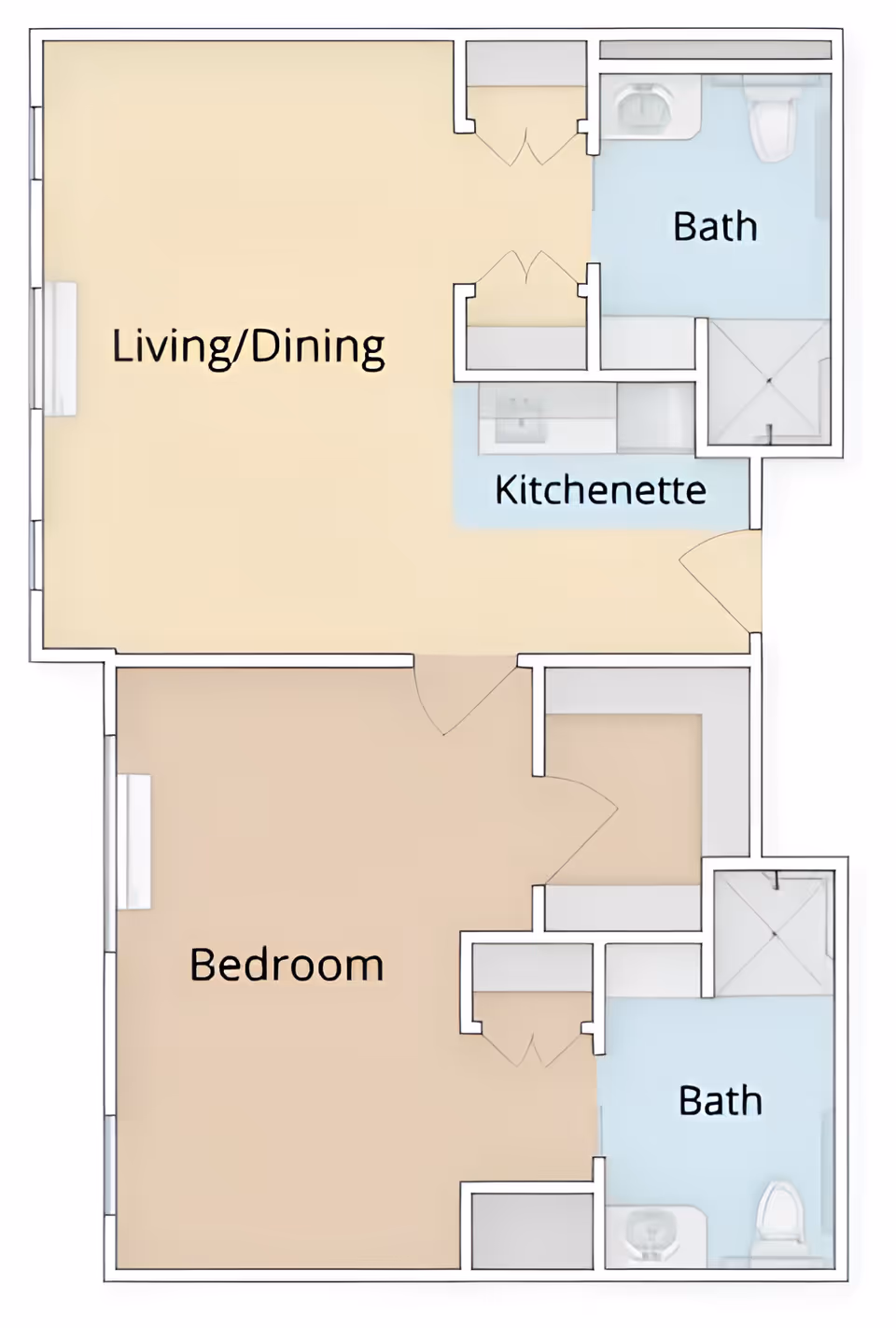 Floor plan of a one-bedroom senior living apartment with labeled Living/Dining, Bedroom, Kitchenette, and two Baths.