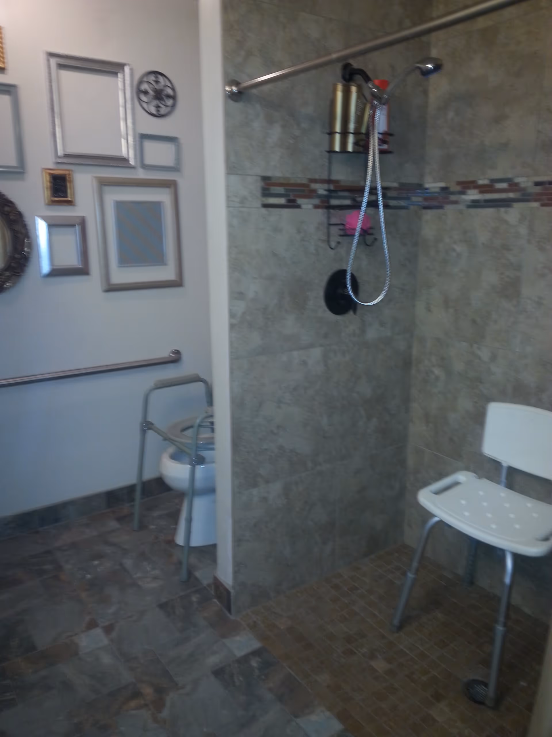 A bathroom designed for elderly care with a walk-in shower featuring a handheld showerhead and a white shower chair. The floor and shower walls are tiled in neutral tones. There is a toilet with a metal safety frame around it, a grab bar on the wall, and several decorative picture frames hanging on the adjacent wall.