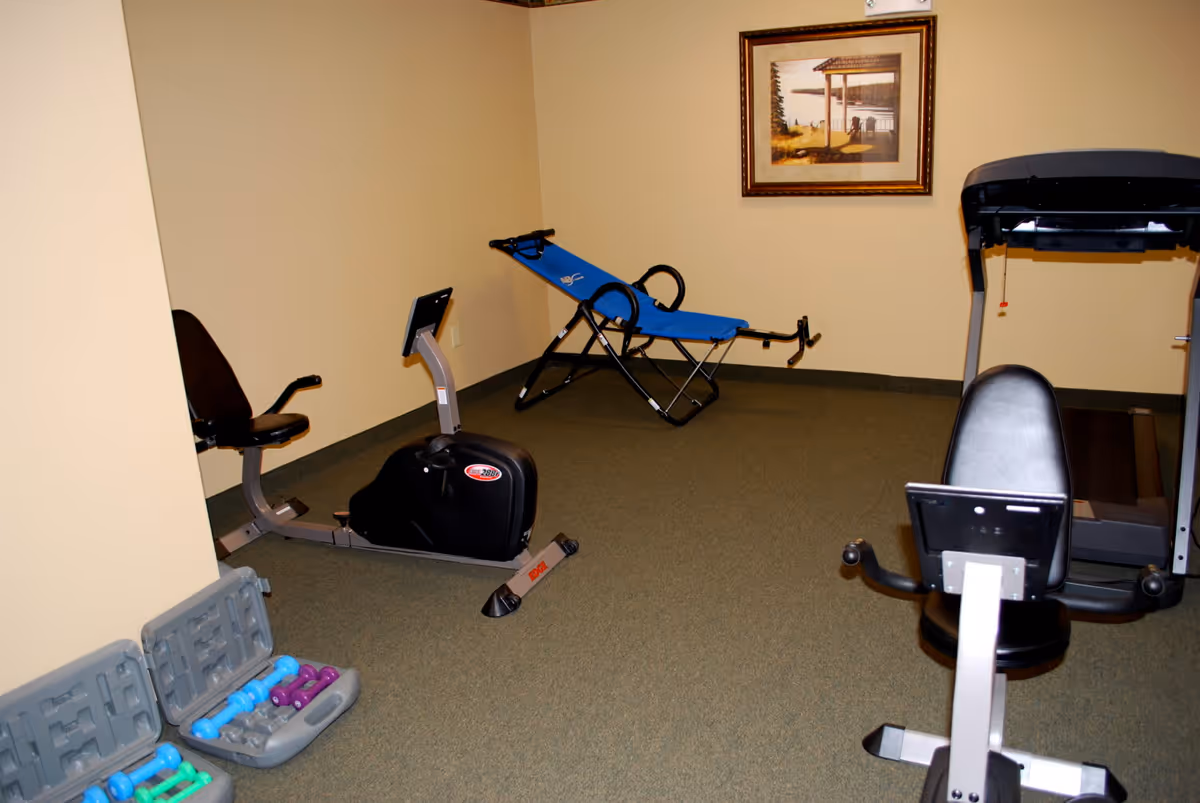 A small exercise room with light beige walls and green carpet. The room contains two recumbent exercise bikes, a blue inversion table, a treadmill, and two open cases with colorful dumbbells. A framed picture hangs on the wall above the inversion table.