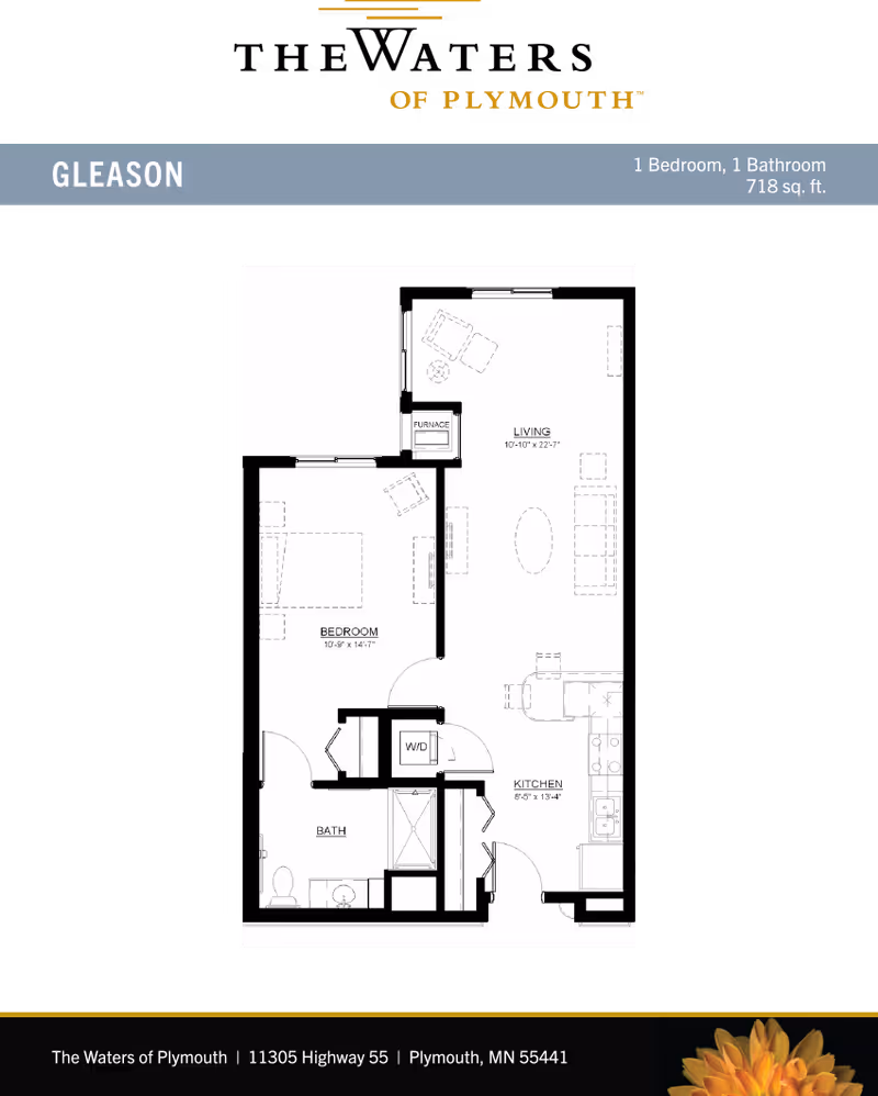 Floor plan of Gleason apartment at The Waters of Plymouth showing 1 bedroom, 1 bathroom, living room, kitchen, and washer/dryer area with dimensions.