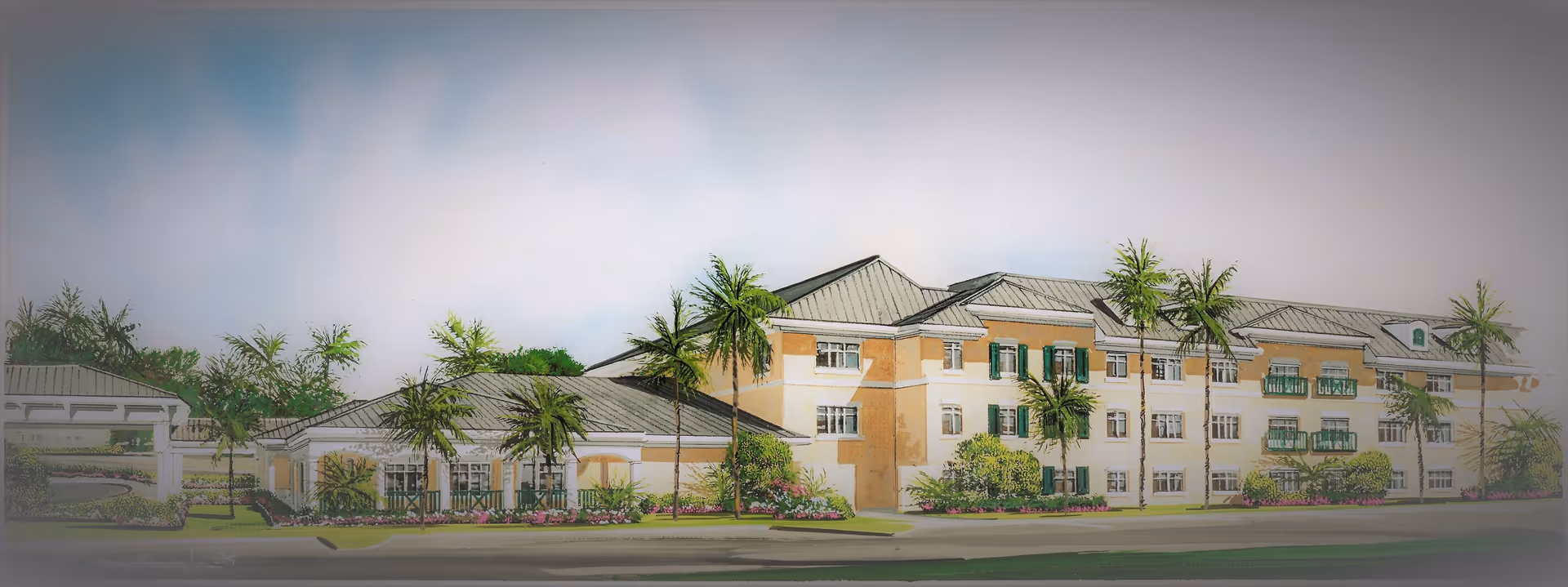 Rendered exterior view of a three-story senior living building with palm trees, a covered entrance, and landscaped grounds.
