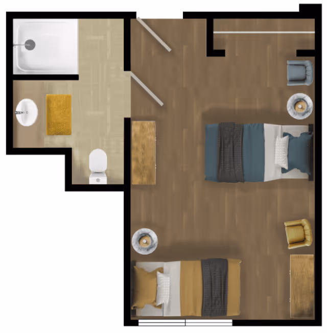 Top-down floor plan of a memory care facility room showing two beds with pillows and blankets, two chairs, two side tables with lamps, a dresser, and an attached bathroom with a shower, sink, toilet, and a yellow bath mat.