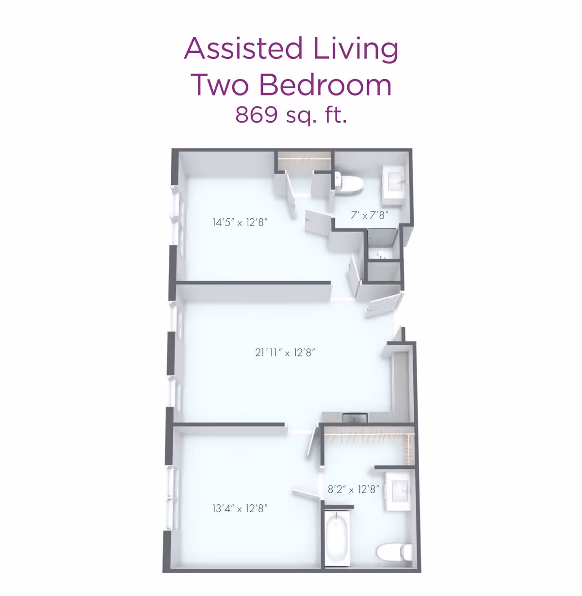 Floor plan of an assisted living two-bedroom apartment with a total area of 869 square feet. The layout includes two bedrooms, two bathrooms, and a living area with dimensions labeled for each room.