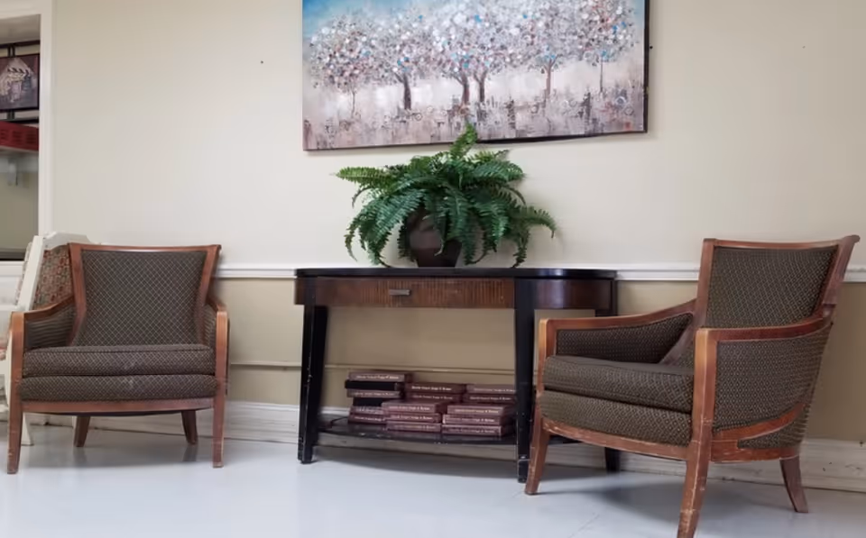 Two wooden armchairs with patterned cushions facing each other with a dark wooden table between them. On the table is a green potted fern plant, and below the table are several stacked books. A painting of abstract trees with white and blue tones hangs on the wall above the table. The room has light-colored walls and a white floor.