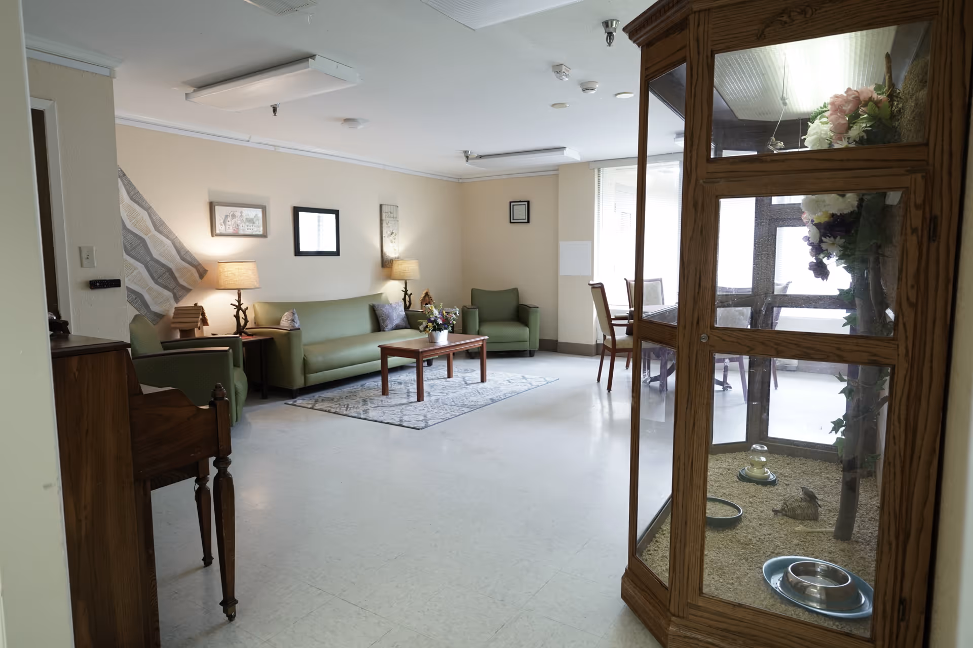 A well-lit living room area with green sofas, a wooden coffee table on a patterned rug, two lamps on side tables, framed artwork on the walls, and a wooden display case with flowers and bird-related items inside.