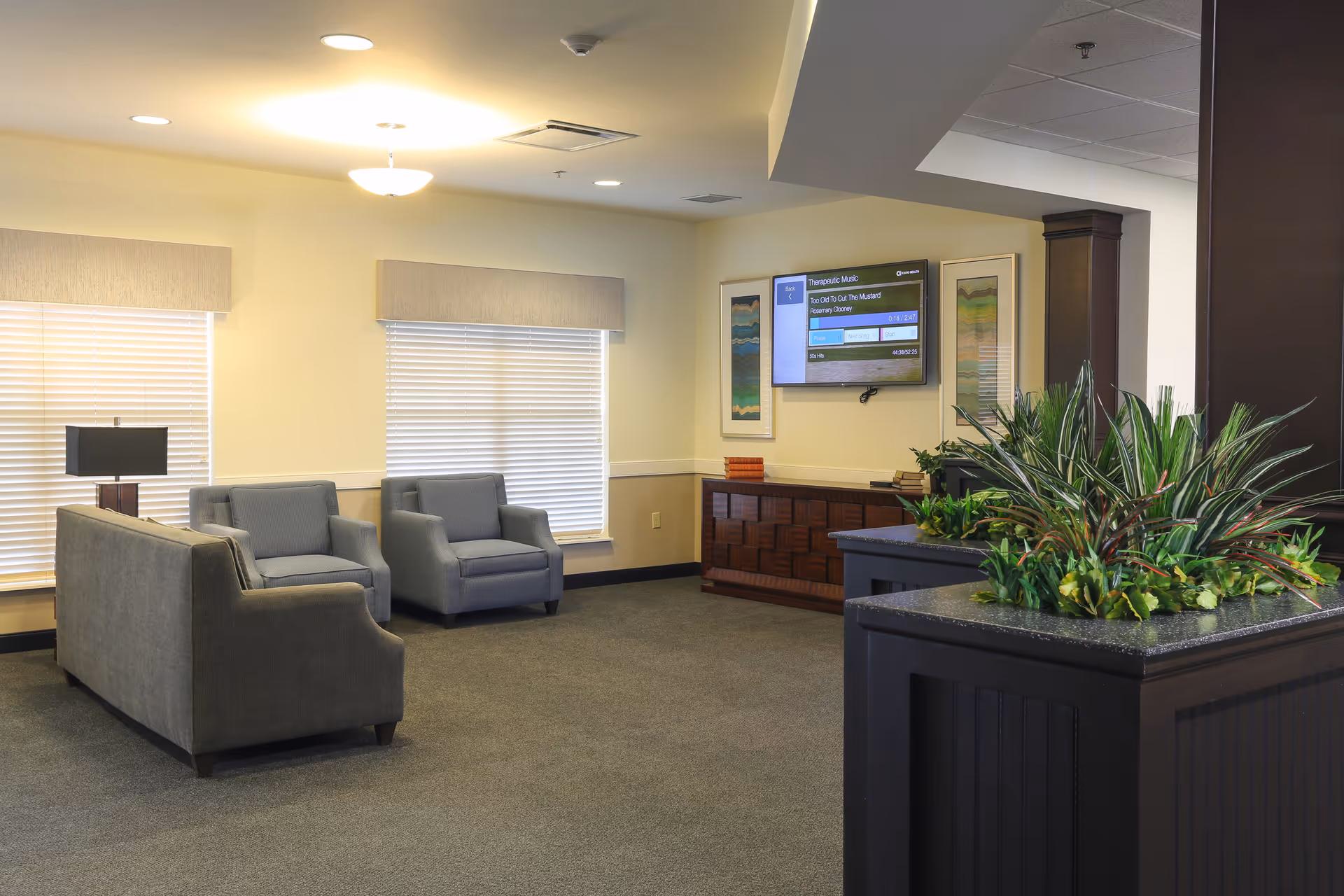 A senior living facility common area with two gray armchairs and a gray sofa arranged near two windows with blinds. A table lamp is placed beside the sofa. On the opposite wall, a flat-screen TV is mounted above a wooden cabinet, flanked by two framed artworks. In the foreground, there is a large planter with green plants. The room has beige walls and carpeted flooring.