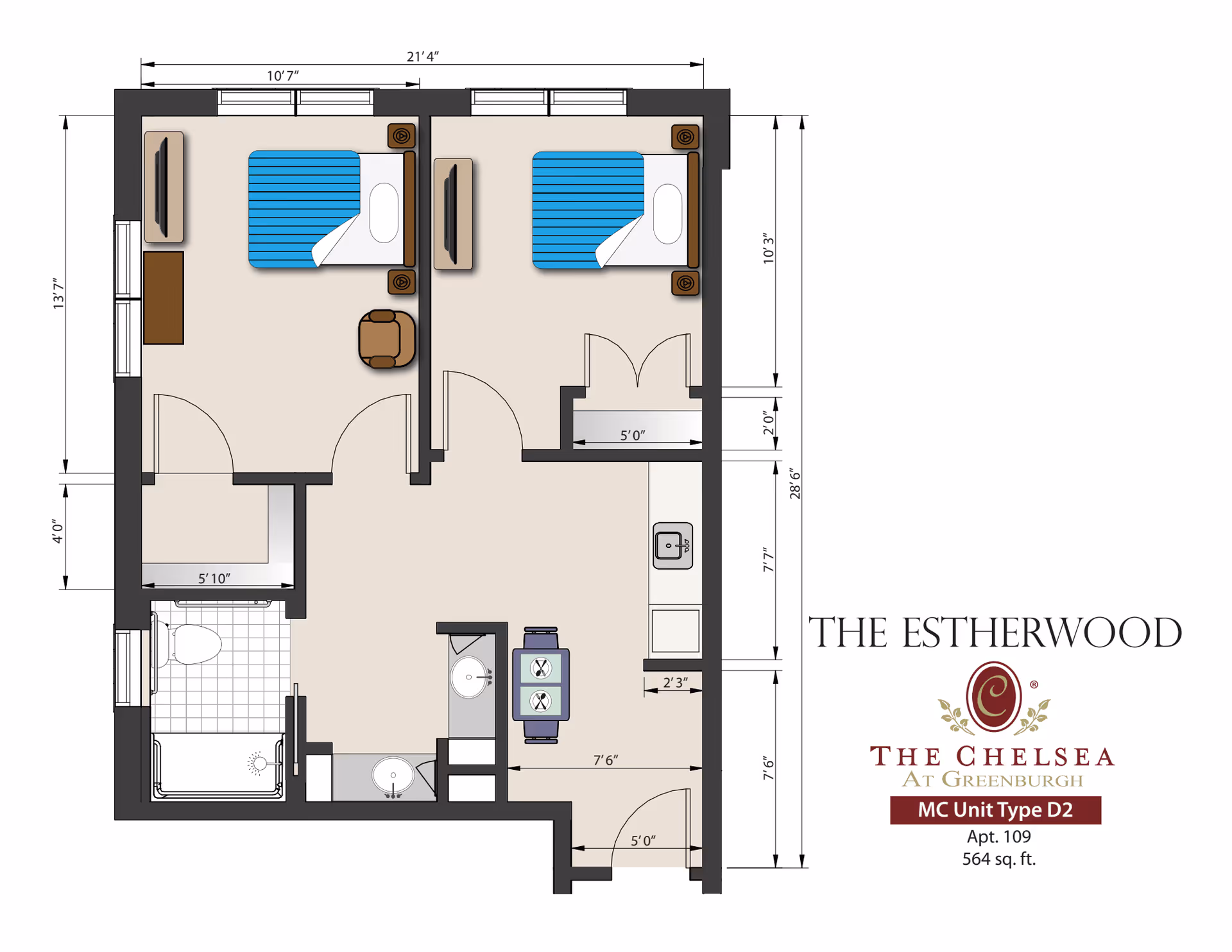 Floor plan of a two-bedroom, one-bath apartment with kitchen and living area labeled 'The Estherwood' from The Chelsea at Greenburgh.