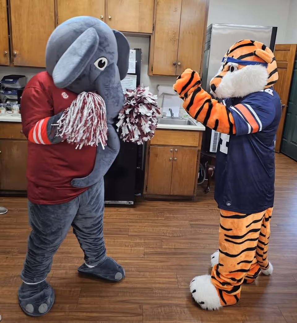 Two people dressed in animal mascot costumes, one as an elephant wearing a red shirt and holding pom-poms, and the other as a tiger wearing a blue sports jersey, standing in a kitchen area with wooden cabinets and a sink.