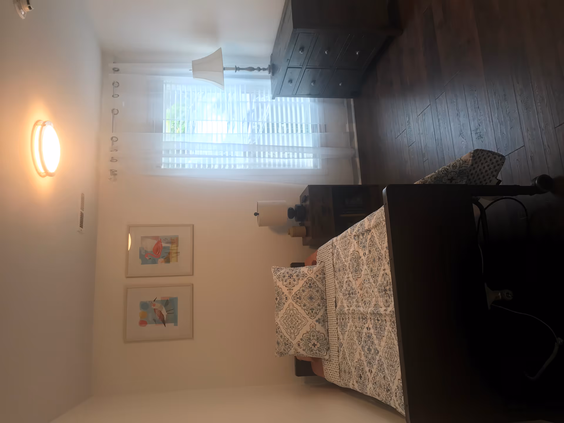 A small bedroom with a single bed covered in a patterned quilt and pillow. Next to the bed is a wooden nightstand with a lamp and some small items. On the right side of the room is a window with sheer white curtains and a wooden dresser with a lamp on top. Two framed bird illustrations hang on the wall above the bed. The floor is dark wood, and the room is softly lit by a ceiling light.