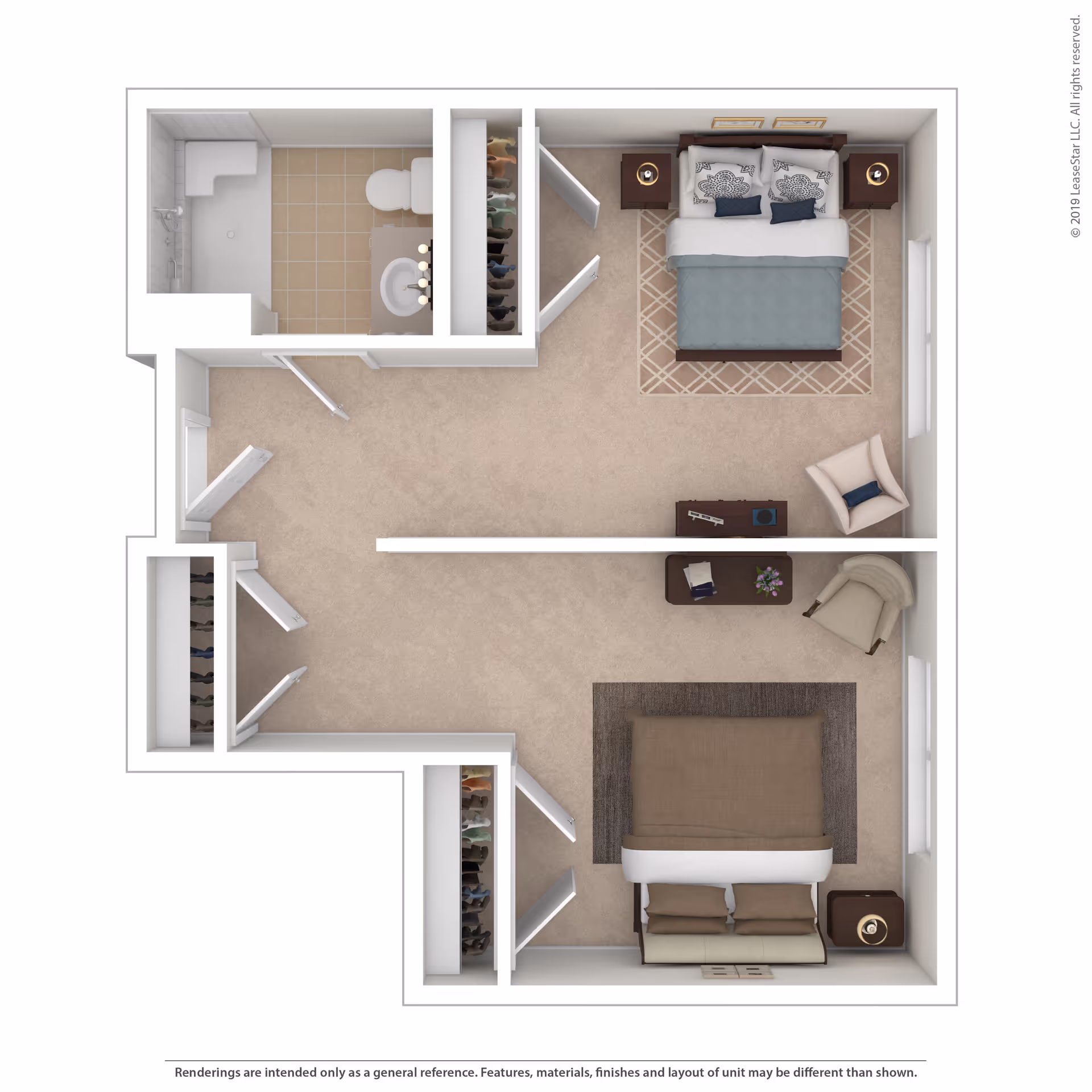3D floor plan of an apartment unit showing two bedrooms, a bathroom with a shower, toilet, and sink, and multiple closets. The bedrooms are furnished with beds, nightstands, chairs, and rugs. The bathroom has tiled flooring, and the rest of the unit is carpeted.