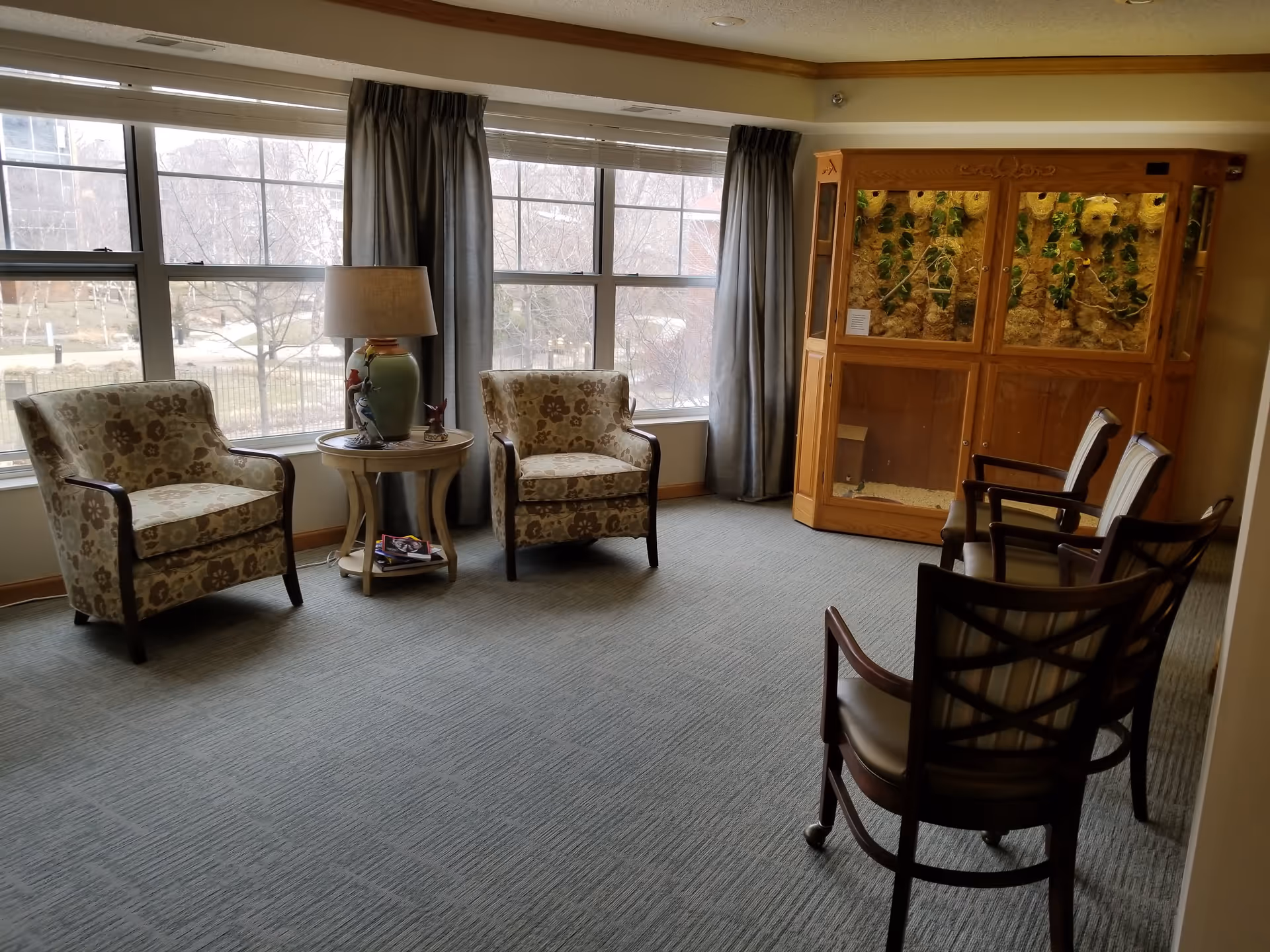 A cozy sitting area in a senior living facility with two floral-patterned armchairs around a small round table with a lamp and decorative birds. Three wooden chairs with cushions are arranged nearby. Large windows with gray curtains provide a view of trees and a park outside. A large wooden cabinet with plants inside is positioned against the wall.