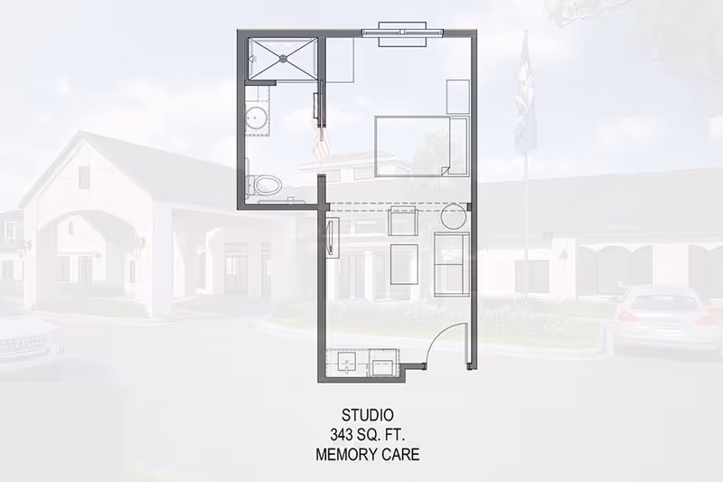 A drawn floor plan labeled "STUDIO 343 SQ. FT. MEMORY CARE" overlaid on a faded exterior photo of the facility.