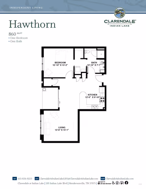 Floor plan of the Hawthorn apartment at Clarendale at Indian Lake showing 860 square feet with one bedroom, one bathroom, kitchen, and living area. Dimensions for each room are provided.