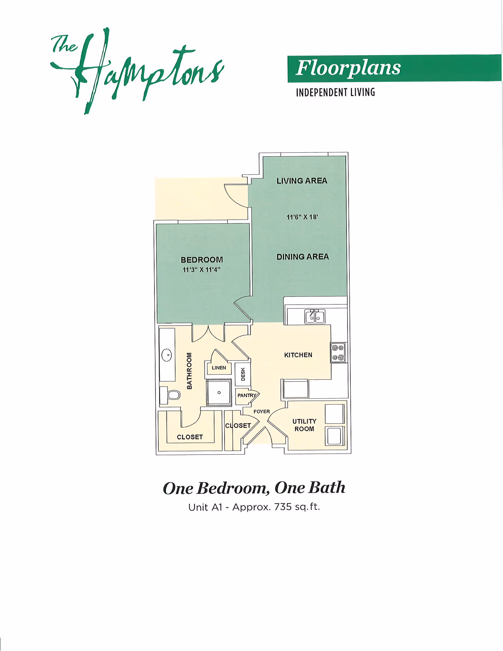 Floor plan of a one bedroom, one bath independent living unit at The Hamptons at Greenridge. The layout includes a bedroom measuring 11'3" by 11'4", a living area and dining area measuring 11'6" by 18', a kitchen, utility room, bathroom, closets, linen closet, pantry, desk, and foyer. The total area is approximately 735 square feet.