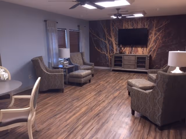 A cozy living room with wood-patterned flooring, two armchairs with matching ottomans, a side table with a lamp, a round dining table with chairs, and a TV mounted on a wall with a tree branch design.