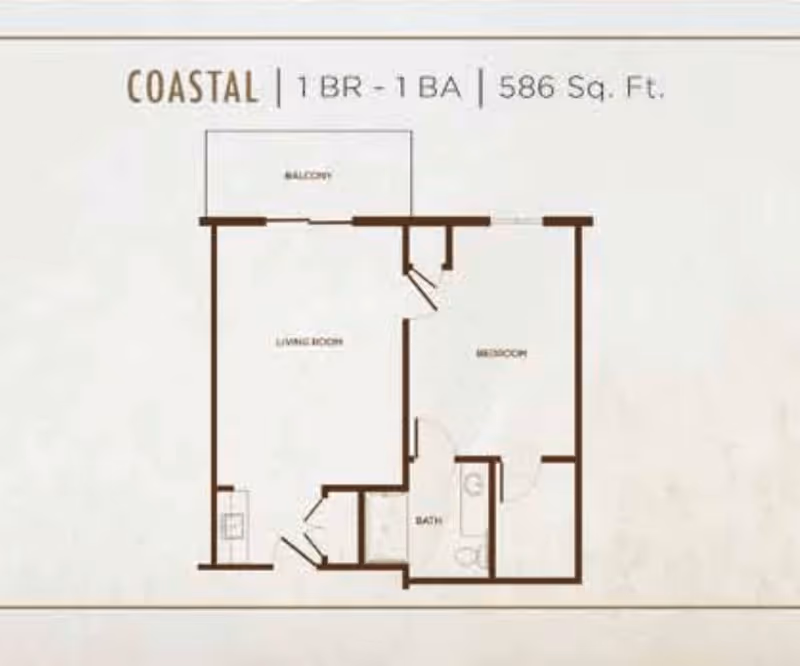 Floor plan layout titled COASTAL showing a 1 bedroom, 1 bathroom apartment with 586 square feet. The plan includes a balcony, living room, bedroom, bathroom, and kitchen area.