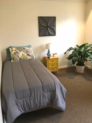 A simple bedroom with a single bed covered in a gray comforter and a decorative pillow with floral patterns. Next to the bed is a small yellow nightstand with a blue lamp, a small red flower in a vase, and a book. A large green potted plant is placed in the corner near the window. A decorative wall art piece hangs above the bed.