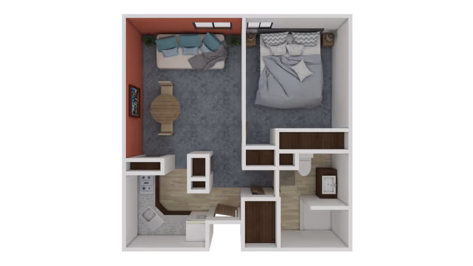 Top-down view of a one-bedroom apartment floor plan featuring a living room with a sofa, coffee table, and wall art, a bedroom with a bed and nightstands, a kitchen with appliances and countertops, and a bathroom with a toilet, sink, and shower.