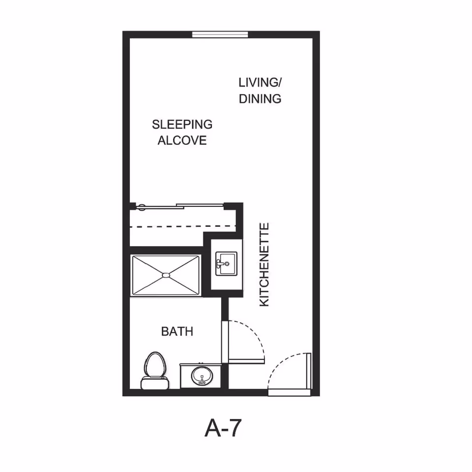 Floor plan layout labeled A-7 showing a small living space with designated areas for living/dining, a sleeping alcove, a kitchenette, and a bathroom with a toilet and sink.