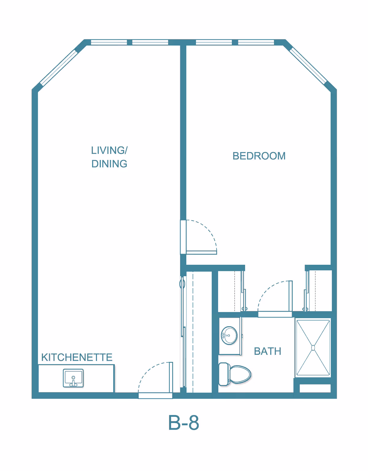 Floor plan layout labeled B-8 showing a living/dining area combined with a kitchenette, a separate bedroom, and a bathroom with a sink, toilet, and shower.