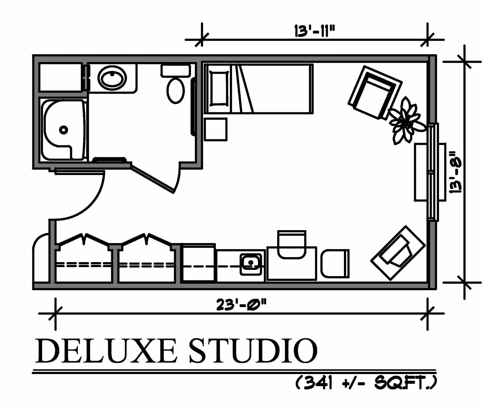 Architectural floor plan of a deluxe studio apartment measuring approximately 341 square feet, featuring a bathroom with a shower, sink, and toilet, a sleeping area with a bed, a small kitchen area with a sink and appliances, and a living space with chairs and a plant.