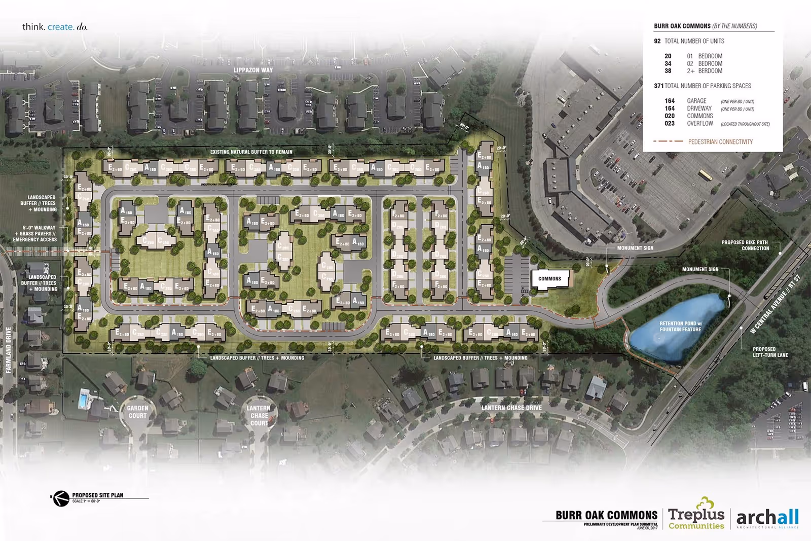 Aerial site plan rendering of Burr Oak Commons showing residential buildings, roads, parking areas, landscaping, and a retention pond.